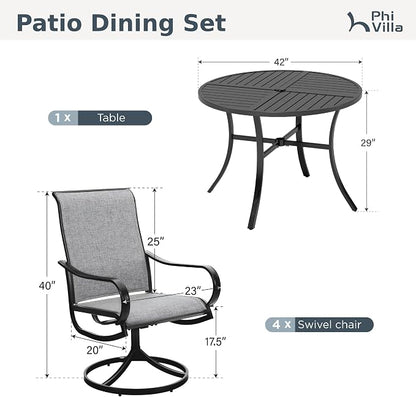 PHI VILLA Patio Dining Set for 4, Round Table & Swivel Mesh Chairs, Grey | 42'' Metal slat table with umbrella hole, E-coating metal frame & Textilene chairs, All-weather design for outdoor, deck