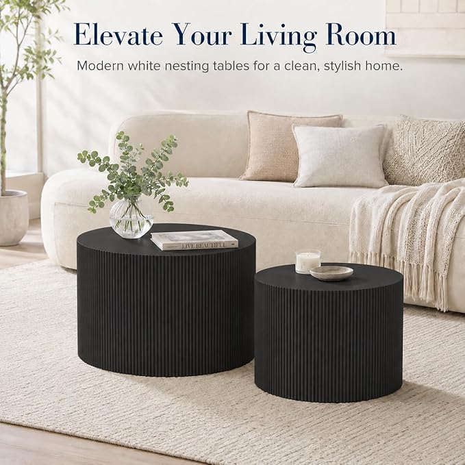 Otterease Round Coffee Table Set of 2, Modern Wooden Black Nesting Tables for Living Room, No Assembly Required Circle Side Tables Set Accent End Table for Bedroom, Balcony
