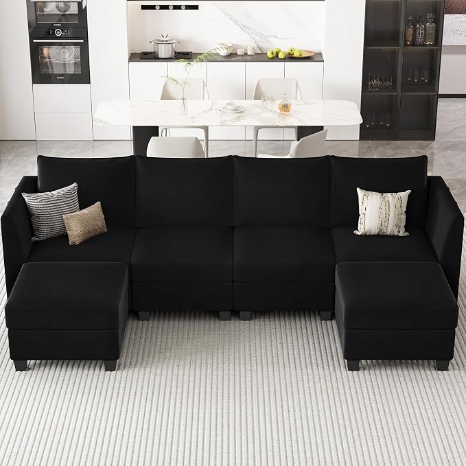 Belffin Modular Sectional Sofa U Shaped Couch with Storage Velvet Sectional Couch for Living Room Black