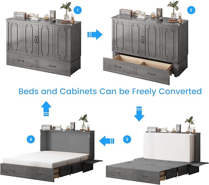 PUREMIND Queen Murphy Bed with Mattress Included, Murphy Cabinet Bed with Storage Drawer, Built-in Charging Station, Solid Wood Frame, Space-Saving Cabinet Beds for Small Spaces/Guest Room (Gray)