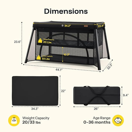 HARPPA Travel Crib, Lightweight Portable Crib Requires No Assembly, Foldable Pack and Play for Baby and Toddlers, Compact Play Yard with Bed,Black