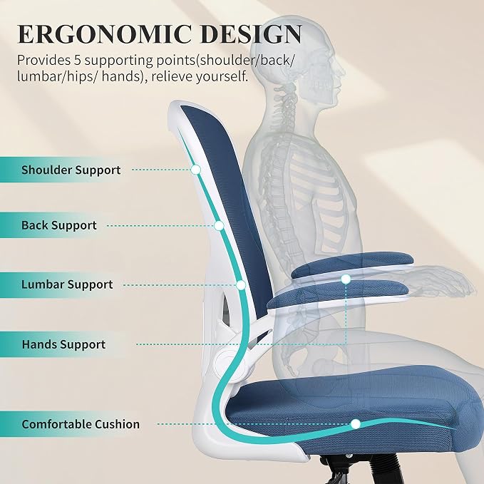 Flysky Mesh Office Chair, Ergonomic Computer Desk Chairs for Home Office - with Comfy/Comfortable Flip-up Arm Rests, Lumbar Support, Height Adjustable, 360 Degree Rolling Swivel (Blue)