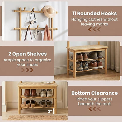 Giantex 3-in-1 Hall Tree with Bench and Shoe Storage, Bamboo Coat Rack Freestanding w/PE Rattan Bench, 11 Hanging Rods, 3 Tier Shoe Rack, Narrow Mudroom Storage Organizer for Entryway Bedroom,Natural