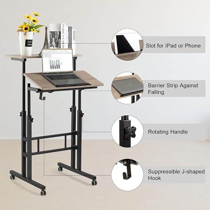 Hadulcet Mobile Standing Desk Adjustable Height with Charging Station | Standing Computer Desk, Standing Adjustable Laptop Cart with Wheels for Home Office Classroom Light Grey