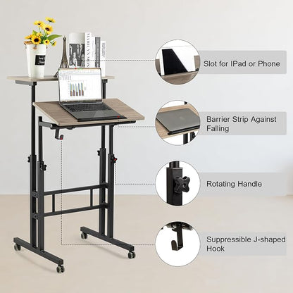 Hadulcet Mobile Standing Desk Adjustable Height with Charging Station | Standing Computer Desk, Standing Adjustable Laptop Cart with Wheels for Home Office Classroom Light Grey
