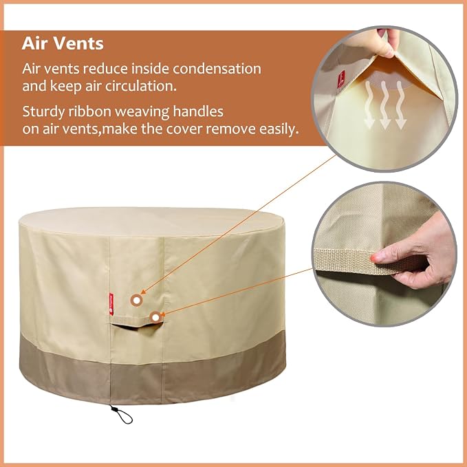SheeChung Round Gas Fire Pit/Table Cover-Heavy Duty 600D Polyester with PVC Coating Material,100% Weather Resistant & Waterproof,Fits 30",32",33",34",35"and 36" Firepit/Bowl Cover,36"Dia X 24"H Beige