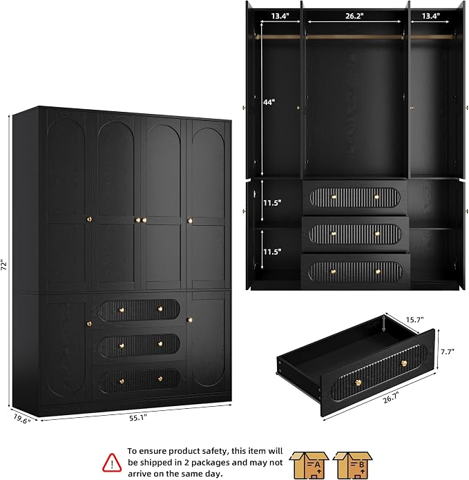 TOKSOM 4 Doors Freestanding Armoire Wardrobe Closet, 72" Black Wardrobe Armoire Wooden Closet Large Capacity Storage with 3 Drawers & 3 Hanging Rod Shelves Clothes Organizer