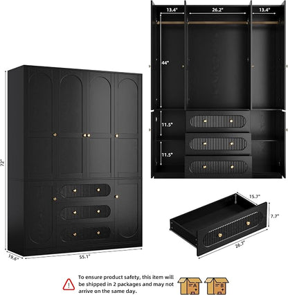 TOKSOM 4 Doors Freestanding Armoire Wardrobe Closet, 72" Black Wardrobe Armoire Wooden Closet Large Capacity Storage with 3 Drawers & 3 Hanging Rod Shelves Clothes Organizer