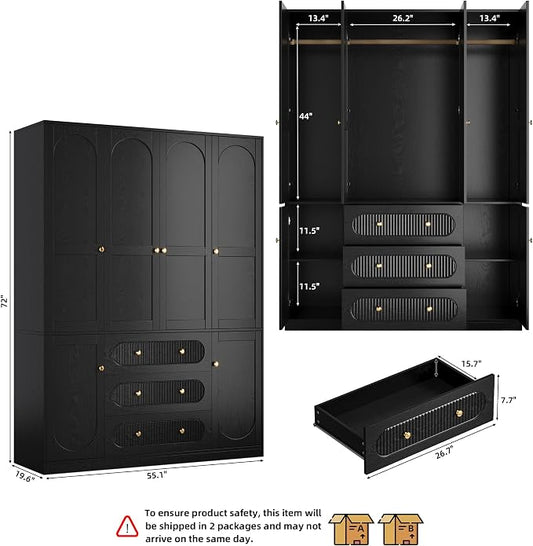 TOKSOM 4 Doors Freestanding Armoire Wardrobe Closet, 72" Black Wardrobe Armoire Wooden Closet Large Capacity Storage with 3 Drawers & 3 Hanging Rod Shelves Clothes Organizer