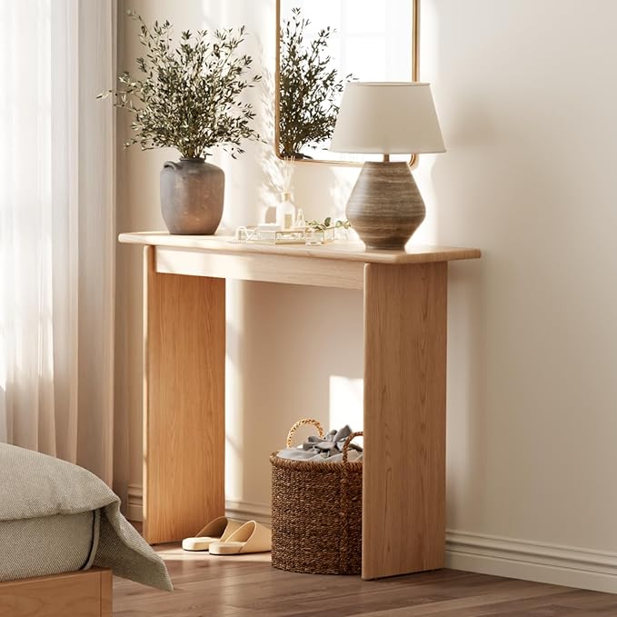 AQIMUELE Natural Console Table Thin Rubberwood Minimalist Mid-Century Style | Stable and Sturdy 11.8" D x 39.4" W x 31.5" H for Entryway/Sofa Back