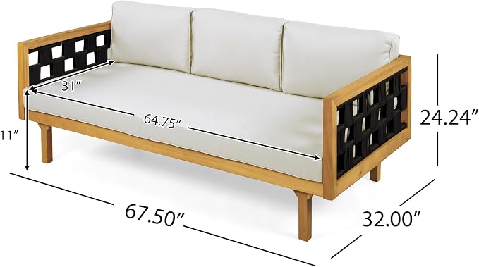 Merax 2 Piece Acacia Wood Outdoor Conversation Set, 3-Seater Outdoor Daybed Sofa with Cushions & Round Coffer Table, Weather-Resistant Patio Furniture Set for Garden Backyard Balcony, Light-Grey