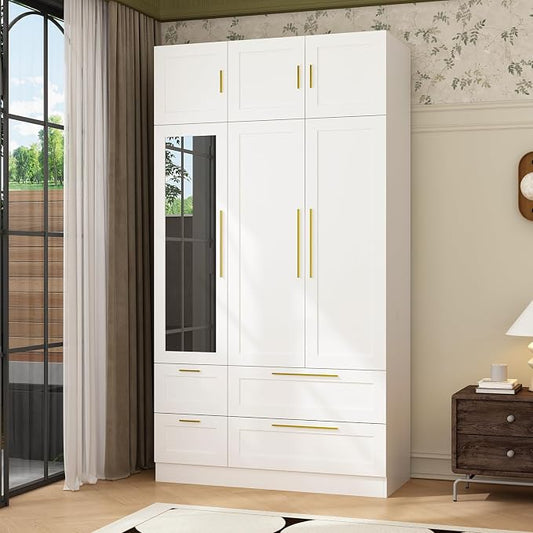 Wardrobe Closet with Mirror, 3 Door Wardrobe with Hanging Rod, 4 Drawers, Shelves, Modern Bedroom Armoire with Gold Handles, White Clothes Cabinet, 20.5”D x 47”W x 86.7”H