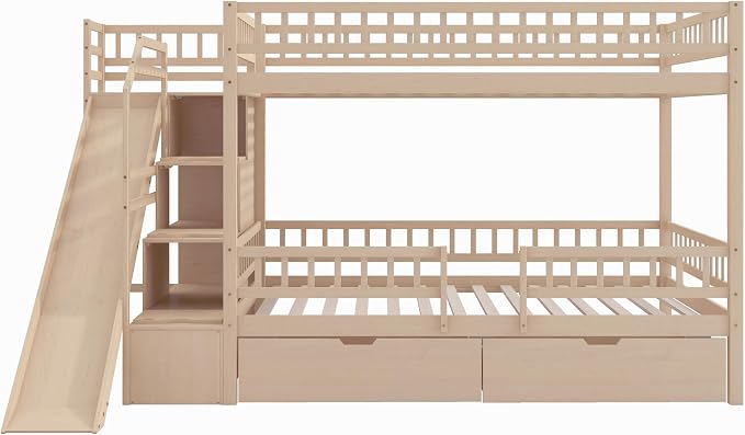 Full Over Full Bunk Bed with Slide and Staircase