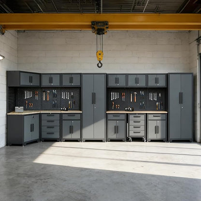 Garage Cabinets and Storage System, 17PCS Garage Storage Cabinet System Corner Workshop Set with Corner Cabinet, Cabinet Drawers, Workbench, Pegboard for Tool Organization, Black Grey