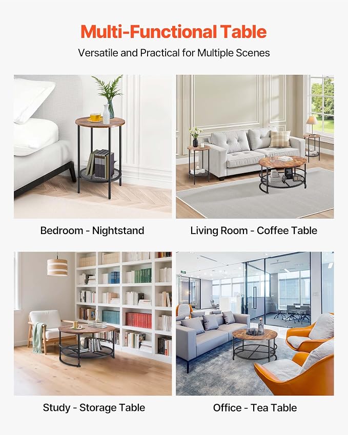 VEVOR 3 Pieces Round Coffee Table Sets, 31.5 in Industrial Living Room Table with 2 End Side Tables, Easy Assembly Coffee and End Tables Sets with Metal Legs, for Office, Living Room and Apartment
