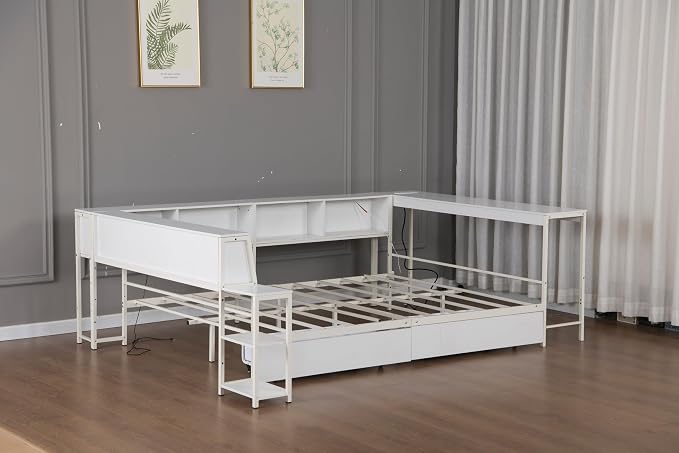 Bellemave Twin Corner Bed Frame with Desk and Storage, Twin Captains Bed with Charging Station and LED Light, Wood Daybeds with L-Shaped Bookcase, White