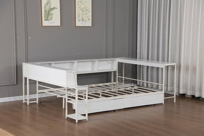 Bellemave Twin Corner Bed Frame with Desk and Storage, Twin Captains Bed with Charging Station and LED Light, Wood Daybeds with L-Shaped Bookcase, White