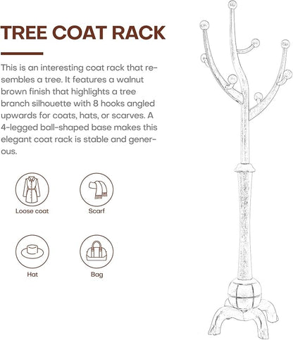 Coat Rack Freestanding Wood Coat Tree Rack with 8 Hooks, Creative Design Tree Branch-look, Standing Coat Rack Clothes Hanger Stand with Stury Base for Entryway, Hallway, Bedroom - Load 160lb (Walnut)