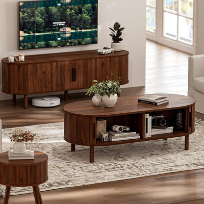 ZttRiee Oval Coffee Table with Sliding Doors, Mid-Century, Walnut | 47.24"L x 21.65"W x 16.14"H, 200 lbs capacity, 2 front & back storage areas, ~60 min assembly