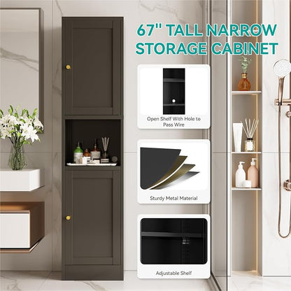 67" Tall Narrow Storage Cabinet with Doors and Open Shelf,Metal Pantry Cabinet,Shaker Style Slim Cabinet with Adjustable Shelves,for Bathroom Kitchen Laundry Small Spaces, Black, 1Pc