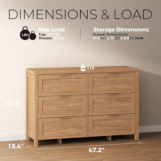 Walsham 6 Drawer Dresser for Bedroom, 47.2'' Modern Chest of Drawers with Metal Handle, TV Stand for 60 inch TV, Closet Clothes Storage Organizer for Living Room Hallway (Weathered Oak)
