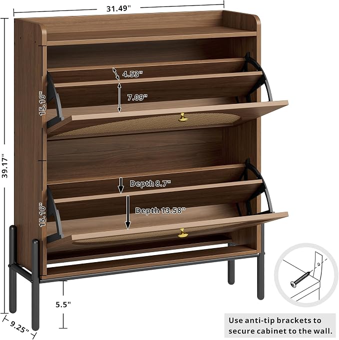 IRONCK Shoe Cabinet Storage with 2 Flip Drawers, Free Standing Wooden Shoe Storage Organizer Cabinet with Rattan Doors for Entryway, Narrow Shoe Rack Cabinet, Walnut