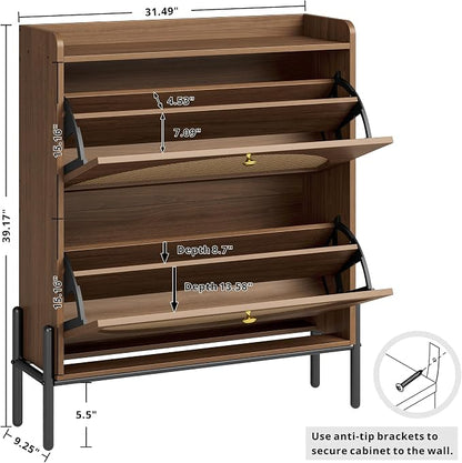 IRONCK Shoe Cabinet Storage with 2 Flip Drawers, Free Standing Wooden Shoe Storage Organizer Cabinet with Rattan Doors for Entryway, Narrow Shoe Rack Cabinet, Walnut