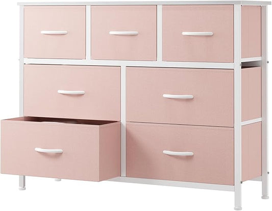 OLIXIS 7 Drawers Dresser for Bedroom, Fabric Storage Tower for Living Room, Entryway - Sturdy Steel Frame, Wooden Top and Easy Pull Fabric Bins, Closet Chests Organizer for Clothes,Pink
