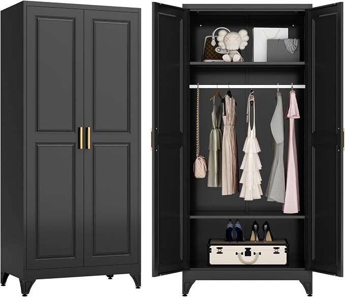 Armoire Wardrobe Closet with Hanging Rod, 71" Tall Metal Clothes Storage Cabinet with Doors and Adjustable Shelves, Black Wardrobe Cabinet, Steel Closet for Bedroom, Bathroom, Office, School