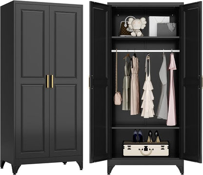 Armoire Wardrobe Closet with Hanging Rod, 71" Tall Metal Clothes Storage Cabinet with Doors and Adjustable Shelves, Black Wardrobe Cabinet, Steel Closet for Bedroom, Bathroom, Office, School