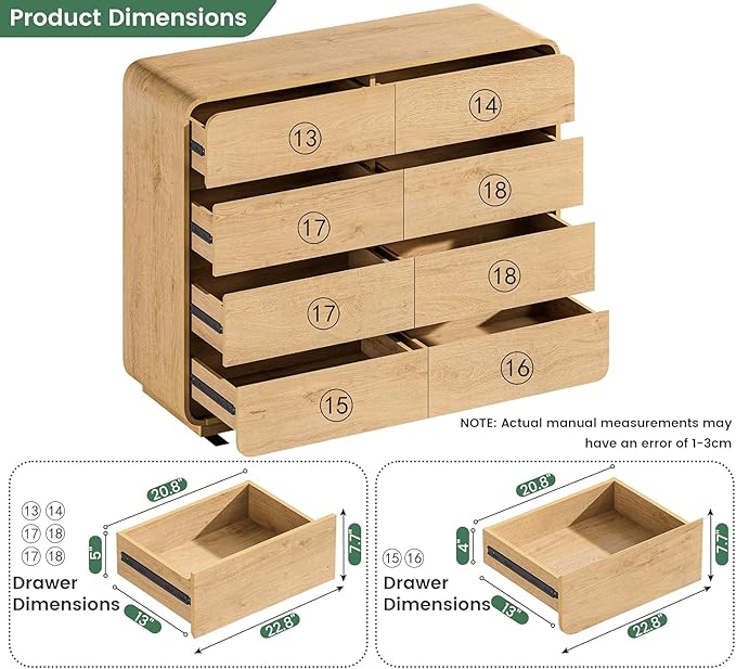 Standifurno Natural Dresser with 8 Drawers, FarmhouseDresser for Bedroom, Rustic Wood Chest of Drawers,Storage Closet, Chest of Drawers Handleless Design,Living Room, Curved Dresser Design 47" Wide