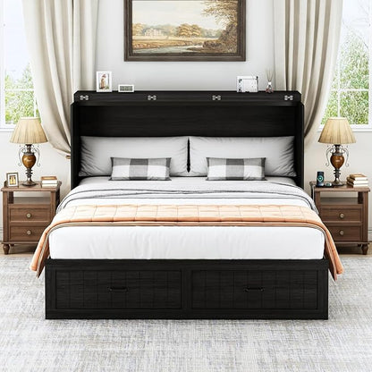 Full Murphy Bed with Storage & Charging Station, Farmhouse Murphy Cabinet Bed with Large Drawer, Hideaway Foldable Platform Bed for for Guest Room, Bedroom, Home Office, Black