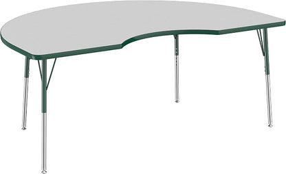 FDP Kidney Activity School and Office Table (48 x 72 inch), Standard Legs with Swivel Glides for Collaborative Seating Environments, Adjustable Height 19-30 inches - Gray Top and Green Edge