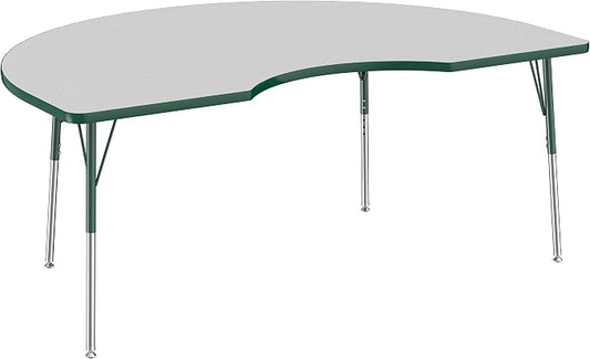 FDP Kidney Activity School and Office Table (48 x 72 inch), Standard Legs with Swivel Glides for Collaborative Seating Environments, Adjustable Height 19-30 inches - Gray Top and Green Edge