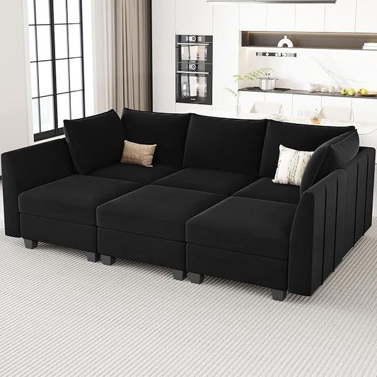 Belffin Modular Sectional Sofa Sleeper Couch with Storage Velvet Sectional Sofa Bed, 6 Seats, Black