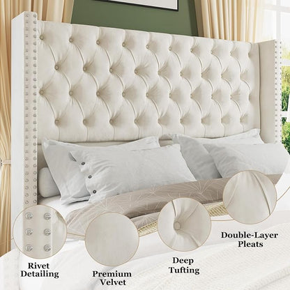 Jocisland Queen Size Bed Frame with 51.6” Wingback Tufted Velvet Headboard, Modern Upholstered Platform Bed, No Box Spring Needed, Easy Assembly, Cream