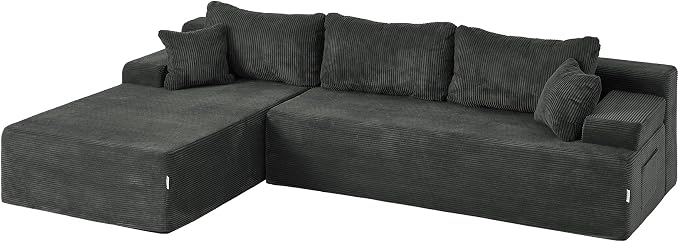Hobestluk Modular Sectional Sofa Couches L-Shape Couch 3 Seat Modular Sofa Memory Foam Sectional Couches for Living Room, Cloud Couch with Oversized Chaise (Grey Corduroy, 108", Left Hand Facing)