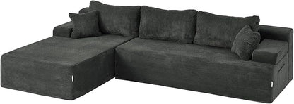 Hobestluk Modular Sectional Sofa Couches L-Shape Couch 3 Seat Modular Sofa Memory Foam Sectional Couches for Living Room, Cloud Couch with Oversized Chaise (Grey Corduroy, 108", Left Hand Facing)
