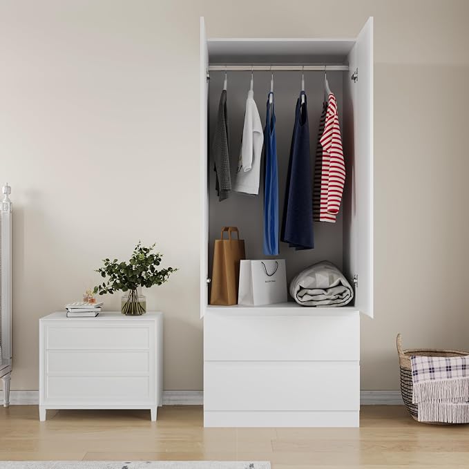 Mekminop Armoire Wardrobe Closet with 2 Doors & 2 Drawers, Bedroom Armoire Clothes Organizer with Hanging Rod, Freestanding Wardrobe Cabinet (31.5”W x 20.39”D x78.74”H)