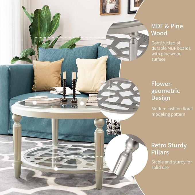 SUNBURY Glass Coffee Table, 32" Round Coffee Table, Glass Side Table, Lightweight Accent End Table for Living Room, Bedroom, Dinning