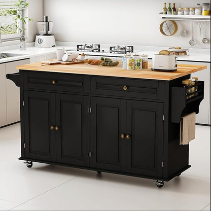 67 Kitchen Island Cart with Drop Leaf Breakfast Bar, Rolling Mobile Kitchen Island Table on Wheels with Storage Cabinet, Drawer, Spice/Towel Rack, Black