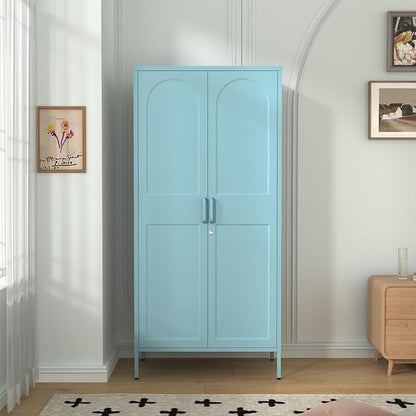 67" Industrial Lockable Metal 2-Door Wardrobe Storage Cabinet with Hanging Rod & Adjustable Shelves, Heavy Duty Multipurpose for Bedroom, Garage, Home Office, Blue 67" H X 31.5" W X 18.1" D