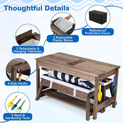 Costzon 4-in-1 Kids Picnic Table with Umbrella, Sand & Water Sensory Bins | Wooden Toddler Outdoor Table with Benches, Cushions, Cover, Gardening Tools, Kids Outdoor Furniture for Patio Backyard