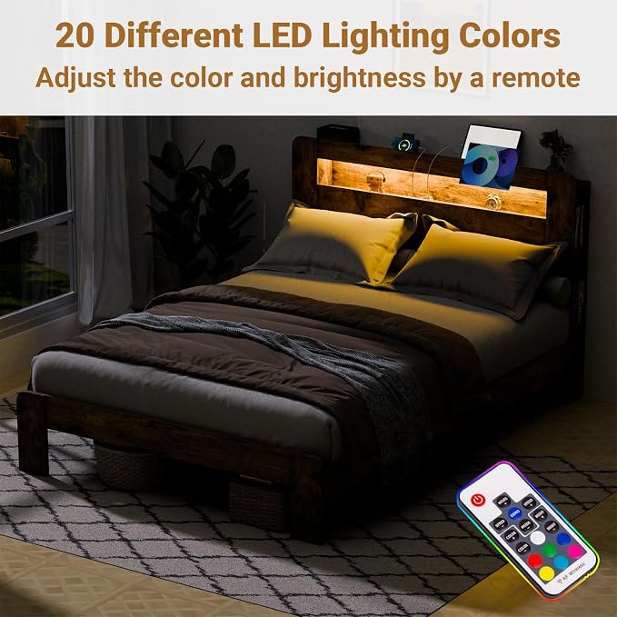 Zevemomo Full Size Bed Frame with Headboard, Full Size Bed Frame with Charging Station, Built in LED Light Strip, Noiseless, No Box Spring Needed, Rustic Brown(Rectangular Slot)