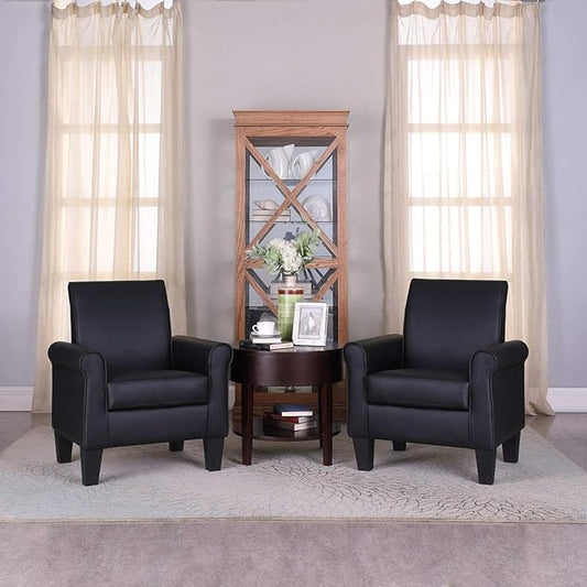 Faux Leather Accent Chair Set of 2, Mid Century Modern Living Room Chair, Upholstered Comfortable PU Leather Armchair for Bedroom, Office or Waiting Areas-Black