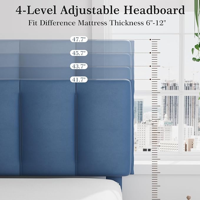 VECELO Twin Size Bed Frame with Upholstered Headboard, Heavy-Duty Bedframe with Wooden Slats & Steel Framework, Easy Assembly, Dark Blue