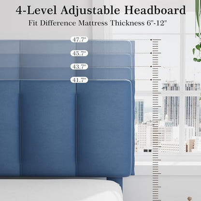 VECELO Twin Size Bed Frame with Upholstered Headboard, Heavy-Duty Bedframe with Wooden Slats & Steel Framework, Easy Assembly, Dark Blue