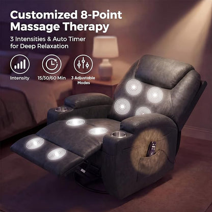 JUMMICO Small Swivel Rocker Recliner, 360 Rocking Chair Recliner with Massage, Upholstered Leathaire Rocker Recliner with Cup Holder for Living Room, Bedroom, Nursery (Black)