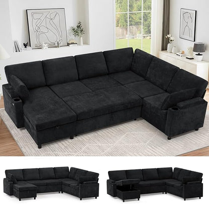 110" Chenille Sectional Sofa w/Pull Out Bed & Storage Chaise, Black | Reversible U Shape Sofa w/Storage Armrests & Cup Holders, Corner Couch w/USB Charging Port & Throw Pillows for Living Room