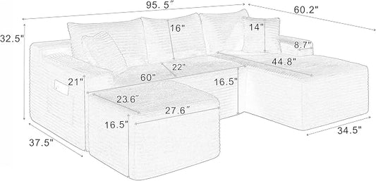 95-Inch U-Shaped Right Facing Corner Compressed Sofa Modular Sectional Boneless Cloud Sofa Floor Foam Couch W/Chaise Lounge & Ottoman, Corduroy Corner Boneless Cloud Couch